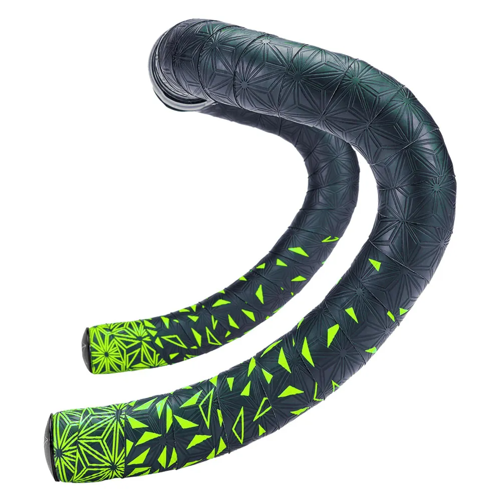 uPRISE Bikes Supacaz Super Sticky Kush Star Fade Bar Tape - Neon Yellow/Ano Black Plugs | Price match, 365 day return s, 18-Month Warranty, Finance Available & Free UK Delivery