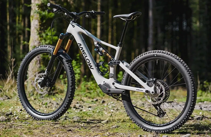 Amflow PX Carbon Pro electric mountain bike drive side view showing Avinox M2S motor