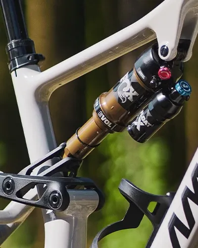 Amflow PX Carbon Pro frame detail showing Fox Factory Float X shock