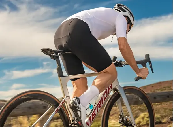 Close-up detail of cycling bib short showing outline of chamois pad