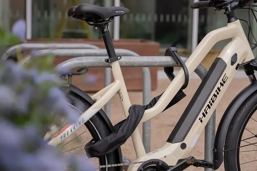 E-bike secured with a D-lock and chain