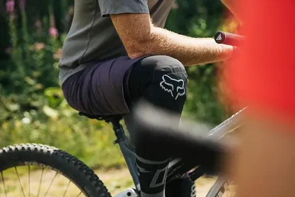 Close up of Fox mountain bike knee protection