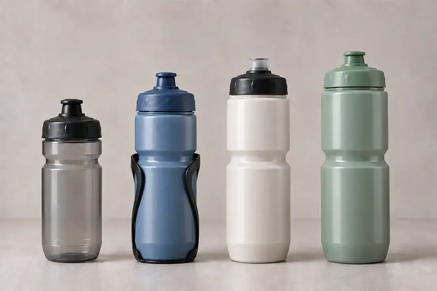 Four cycling bottles of different capacities, with one seated in a standard bottle cage.