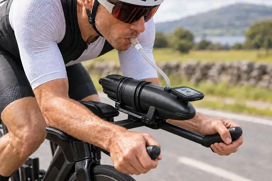 Triathlete drinking from an aero bottle between the handlebar extensions, with a cycle computer mounted above.