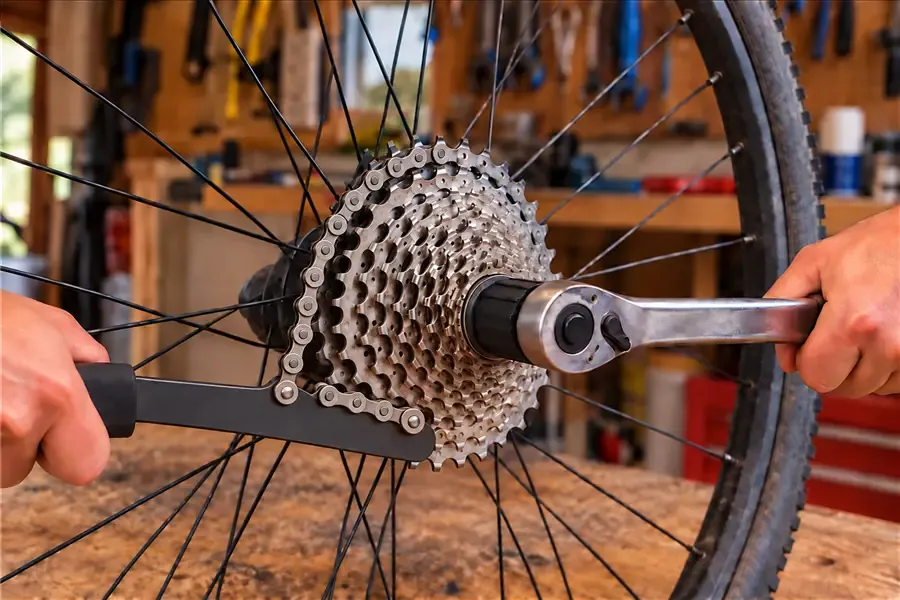 A chain whip and lockring tool being used to remove a bicycle cassette