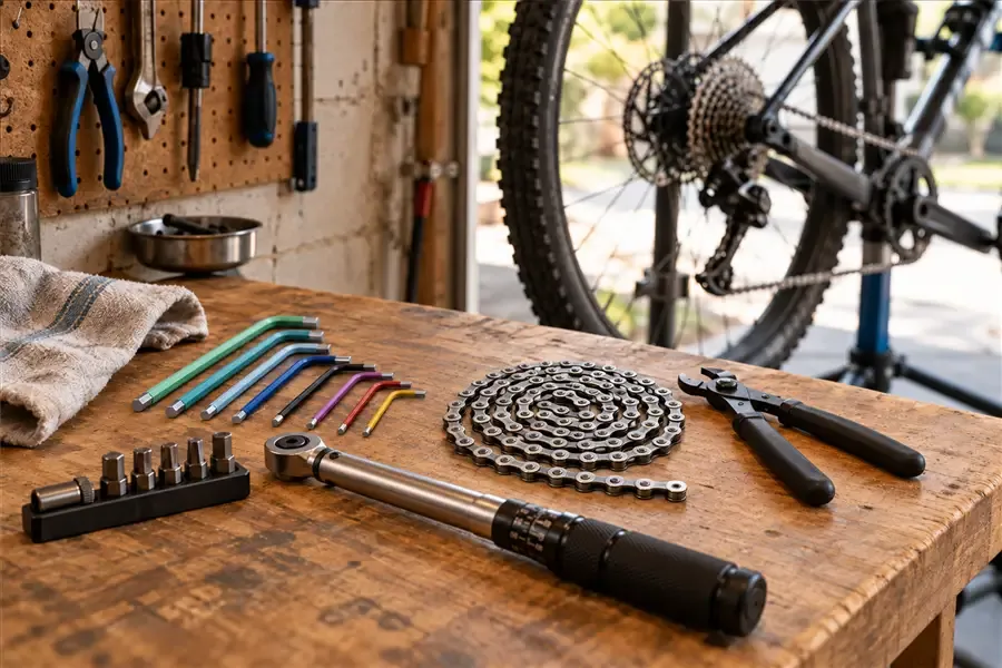 Hex keys, a torque wrench and a coiled chain on a home garage workbench