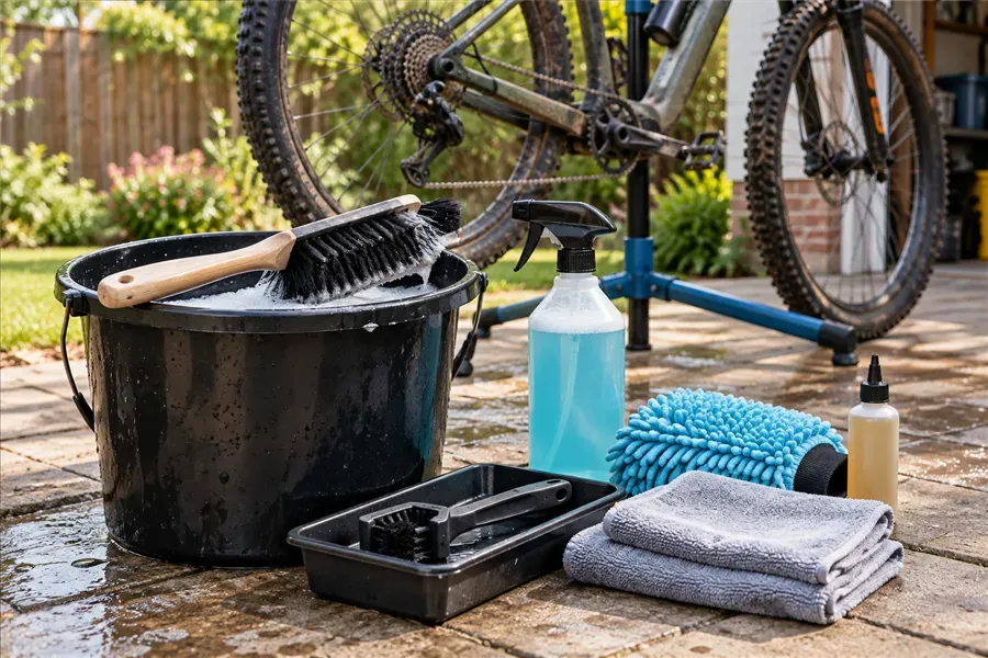 A bucket, brushes, cleaner and cloths ready for bike cleaning on a home patio