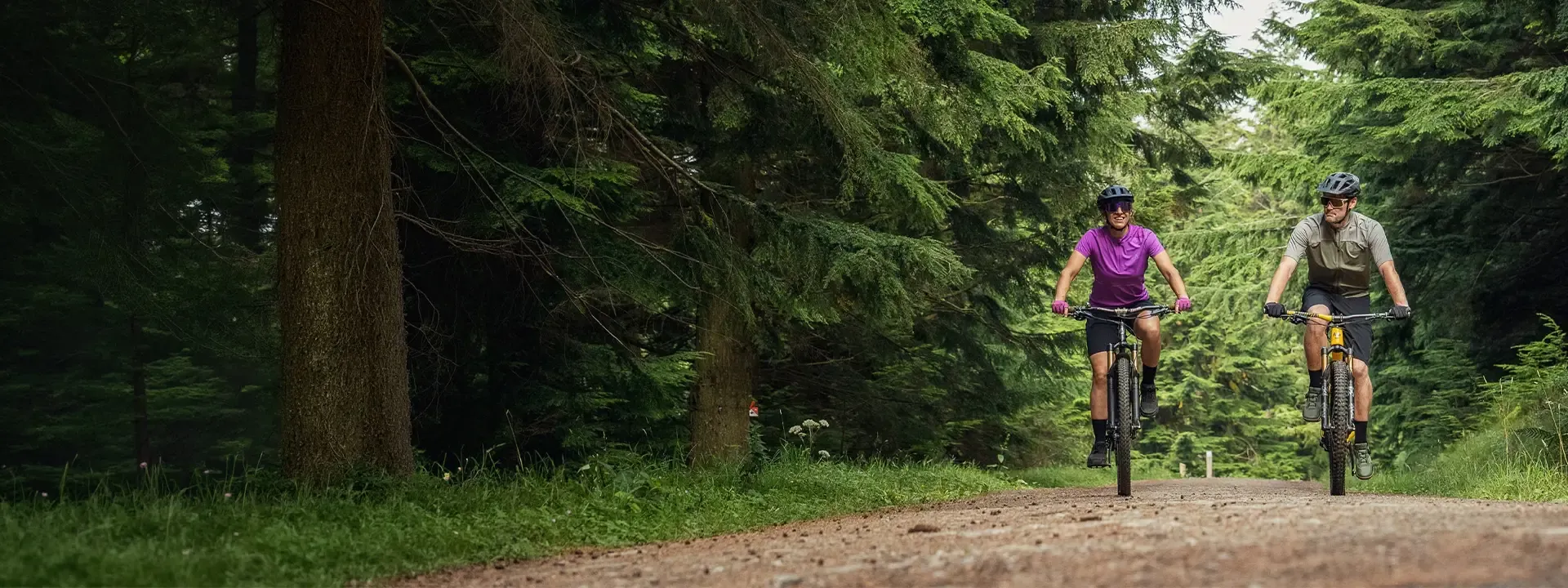 Two mountain bikers riding along a woodland trail