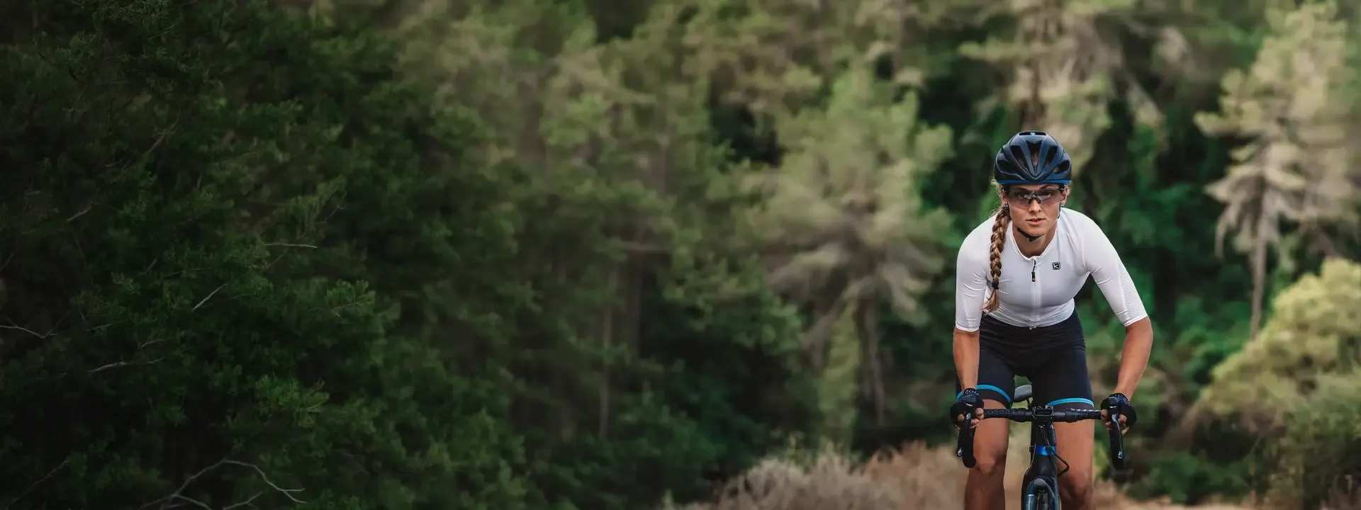 Road cyclist climbing a quiet road bordered by dense woodland