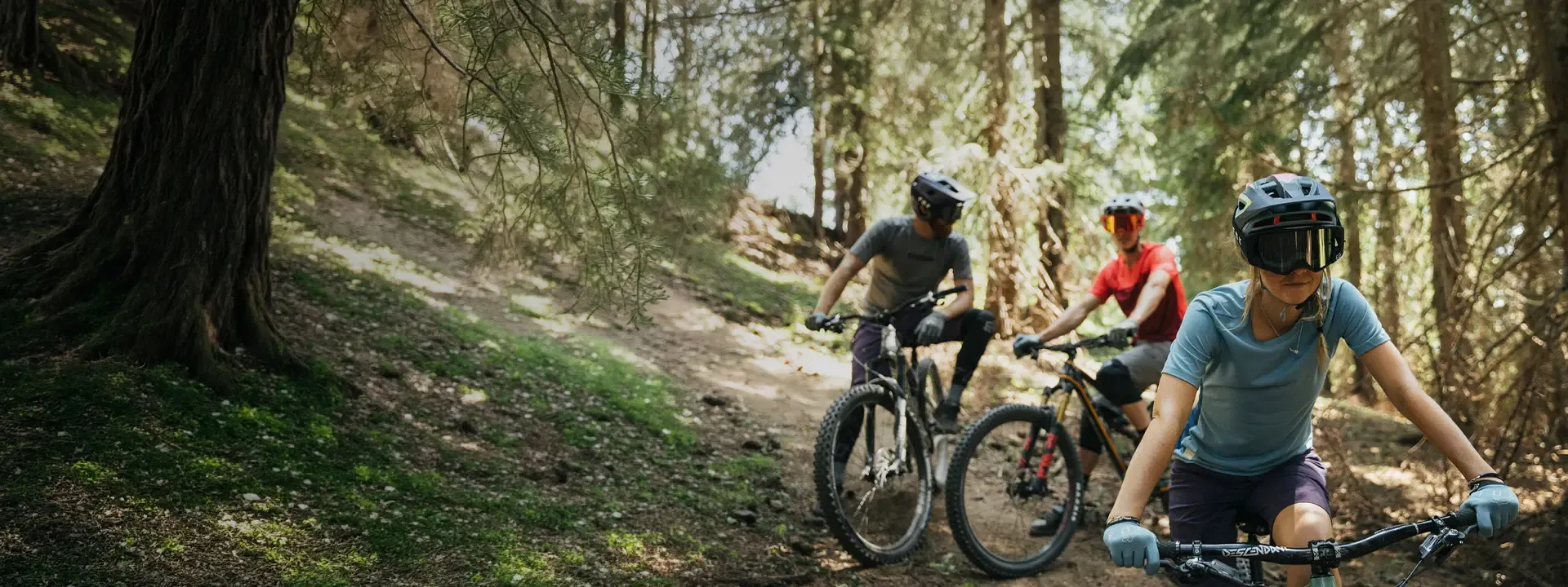 Mountain bikers riding through woodland trails wearing short sleeve cycling jerseys