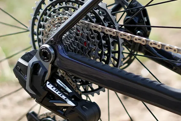 Detail of SRAM Force Transmission derailleur cassette and chain on a gravel bike