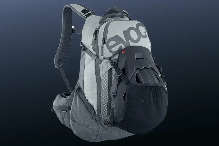 Detail of EVOC cycling backpack straps and storage compartments