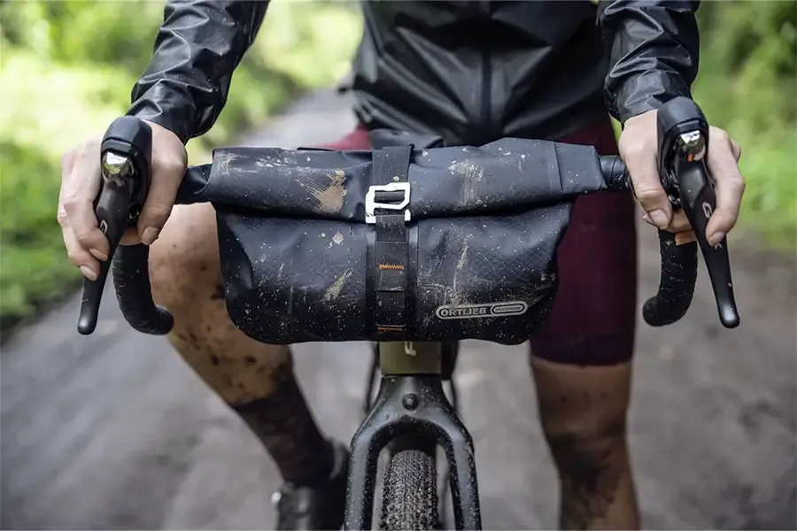 Handlebar bag mounted to a gravel bike