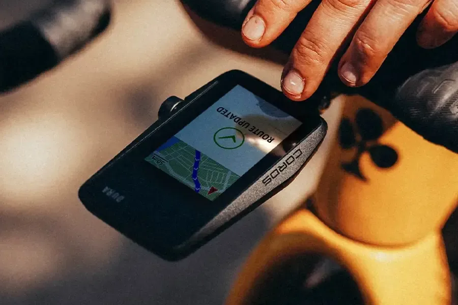 GPS bike computer mounted on a bicycle handlebar