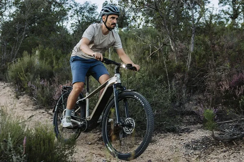 Hardtail electric mountain bike on a gravel trail