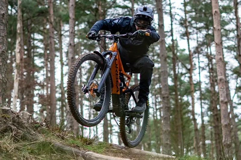 Rider cornering on an Orbea Wild eMTB showing modern trail geometry