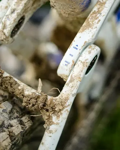 Close-up of the three-position flip chip on the Maestro suspension linkage