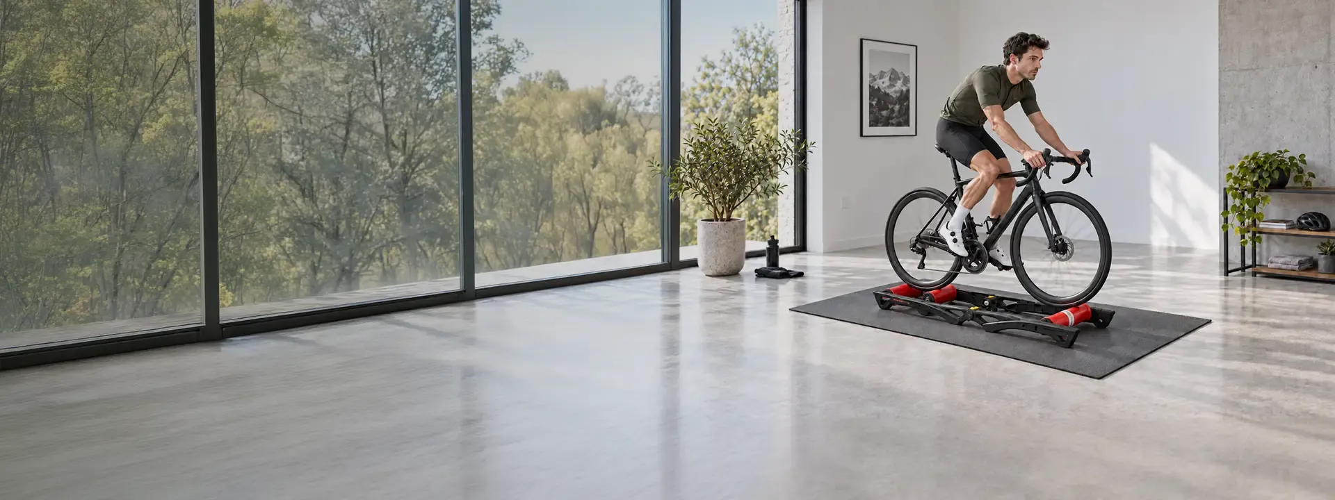 Cyclist riding a road bike on rollers beside large windows