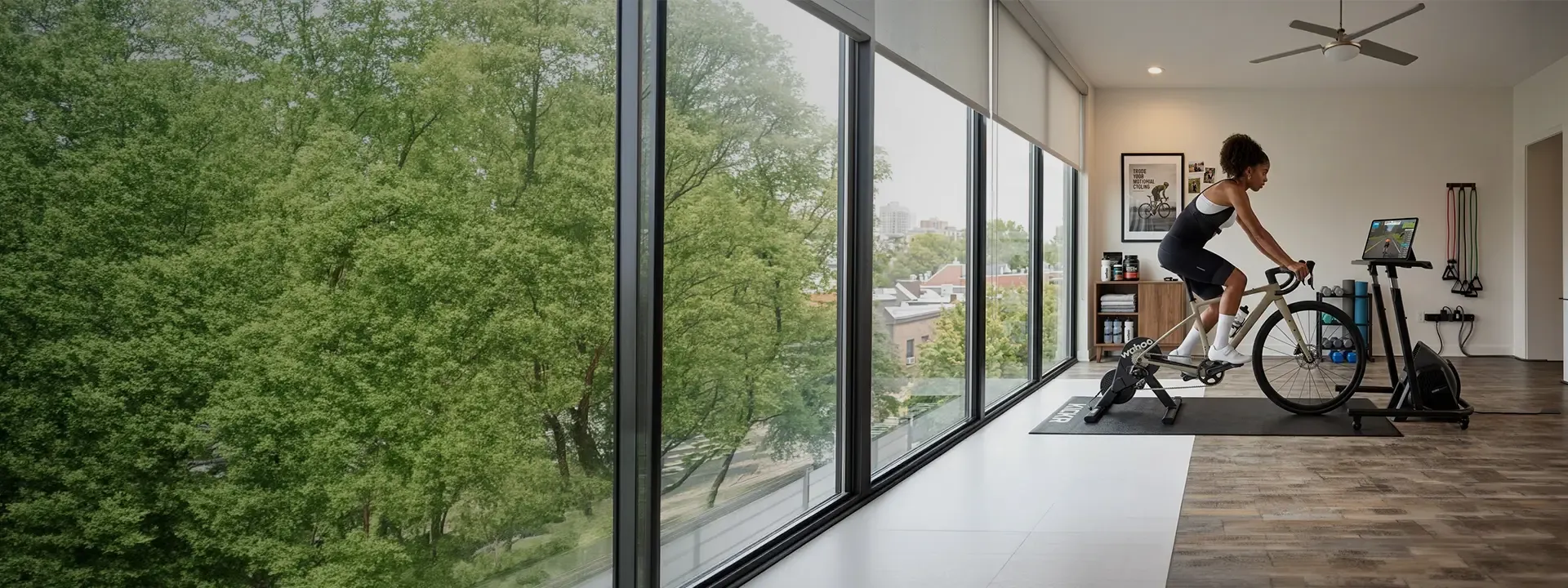 Rider training indoors beside large windows overlooking a garden