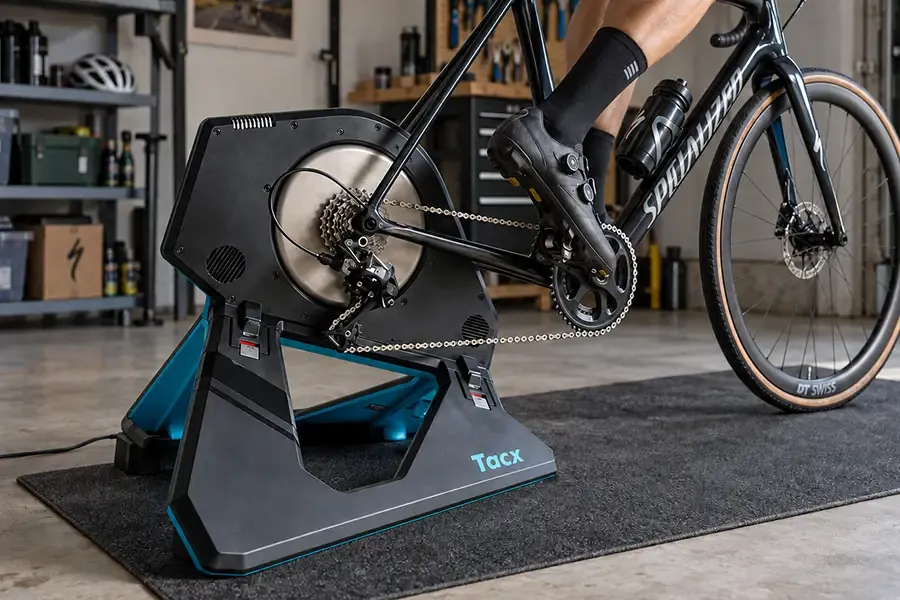 Bike mounted on a Tacx direct-drive trainer with the rear wheel removed