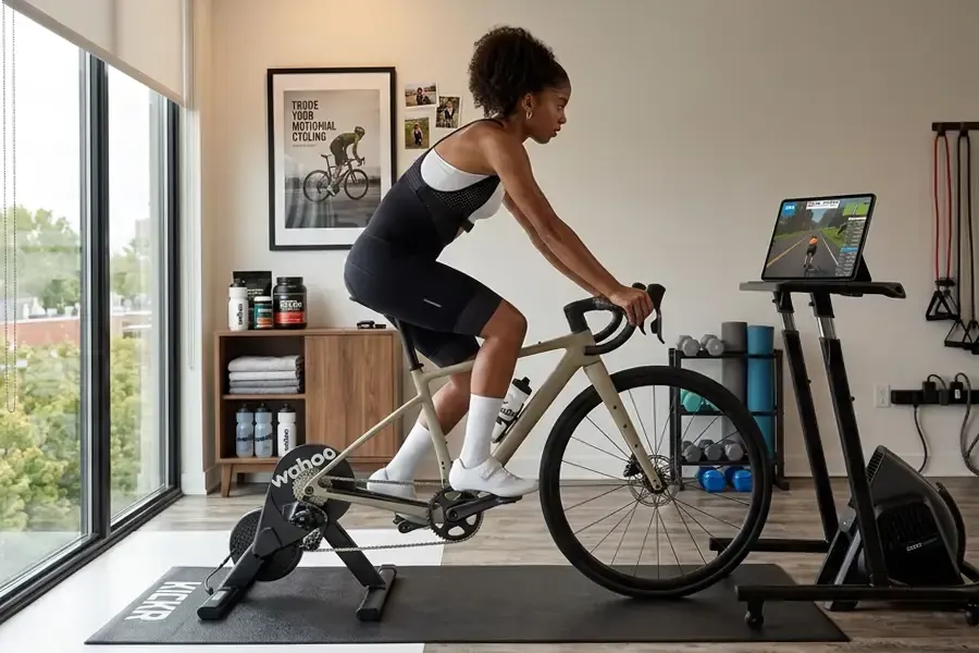Rider training indoors with a screen stand and floor mat