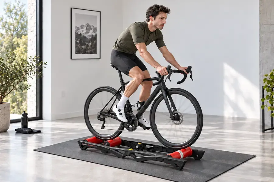 Rider balancing a road bike on indoor training rollers