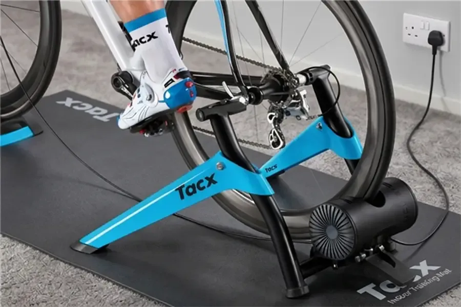 Rear wheel of a bike mounted on a Tacx wheel-on turbo trainer
