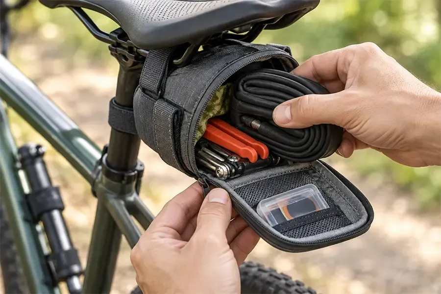 A spare inner tube being packed into a saddle bag with tyre levers, a multi-tool and patches