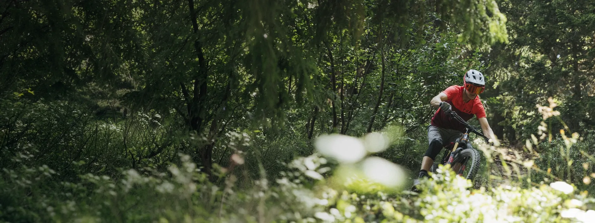 Mountain biker wearing jersey and jacket riding through woodland trail