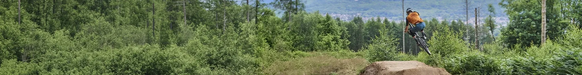 mountain biker hitting a jump in open woodland wearing summer mtb kit