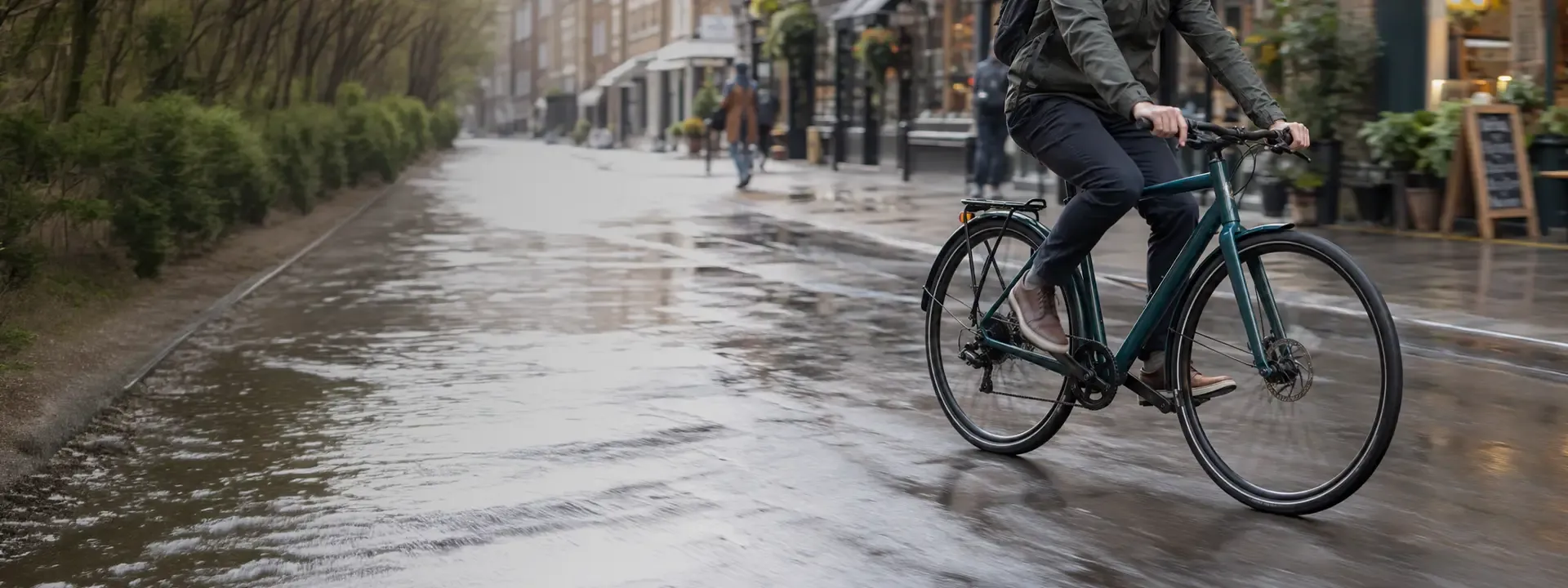 Cyclist commuting on a wet city street with mudguards fitted