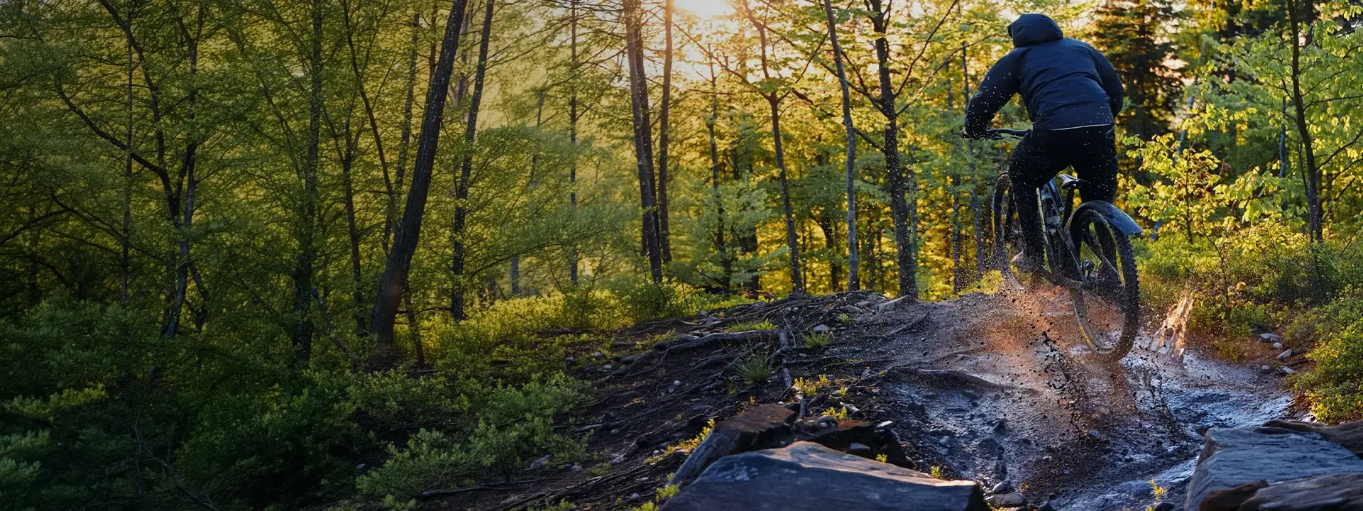 Mountain biker riding through wet woodland with a rear mudguard fitted