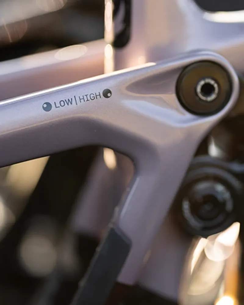 Close-up of Pivot Shuttle AMP&rsquo;d flip-chip showing high and low geometry adjustment on the frame.