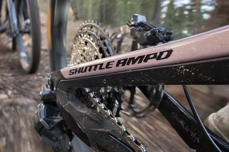 Pivot Shuttle AMP'd chainstay decal detail in motion