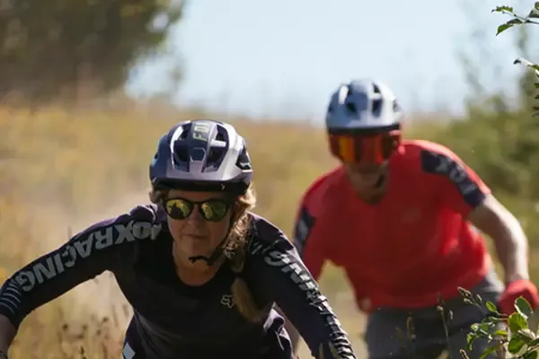 Mountain bike rider wearing a cycling helmet