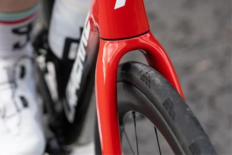 Road bike wheel and tyre detail showing tyre clearance