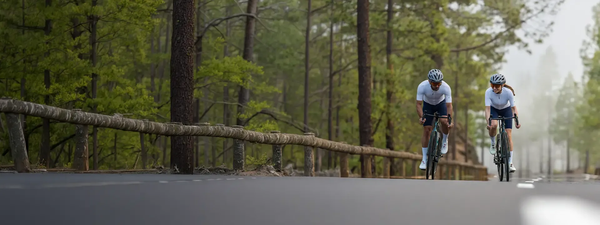 Road cyclists riding through woodland in road cycling clothing