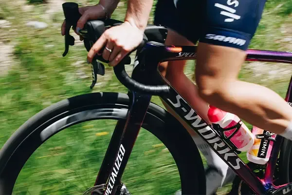 Riding detail of the Specialized Tarmac SL8 lightweight carbon frame