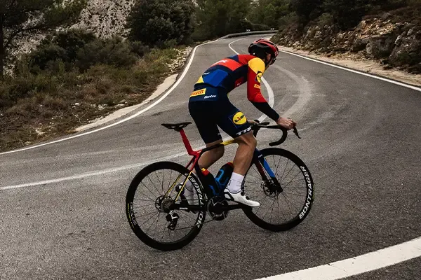 Trek Madone road bike accelerating out of a bend