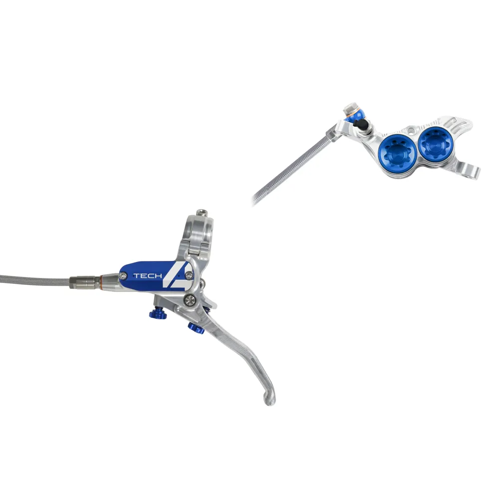 uPRISE Bikes Hope Tech 4 V4 Braided MTB Disc Brakes - No Rotor - Silver/Blue | Price match, 365 day return s, 18-Month Warranty, Finance Available & Free UK Delivery