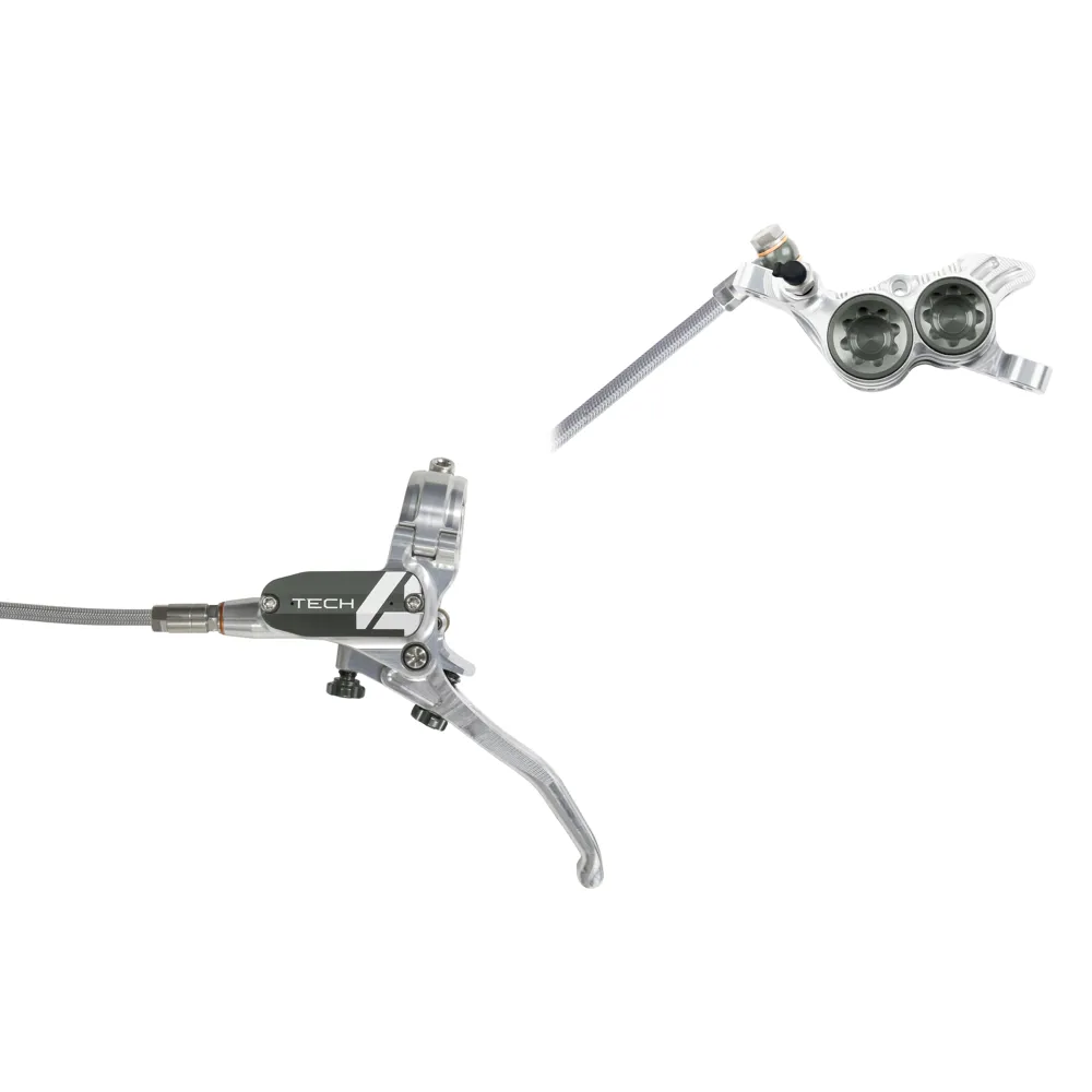 uPRISE Bikes Hope Tech 4 V4 Braided MTB Disc Brakes - No Rotor - Silver/Smoke | Price match, 365 day return s, 18-Month Warranty, Finance Available & Free UK Delivery