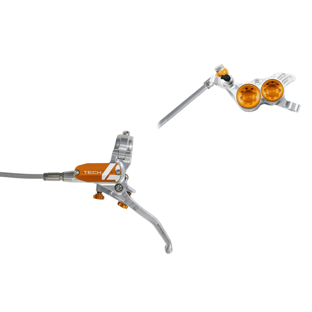 uPRISE Bikes Hope Tech 4 V4 Braided MTB Disc Brakes - No Rotor - Silver/Orange | Price match, 365 day return s, 18-Month Warranty, Finance Available & Free UK Delivery