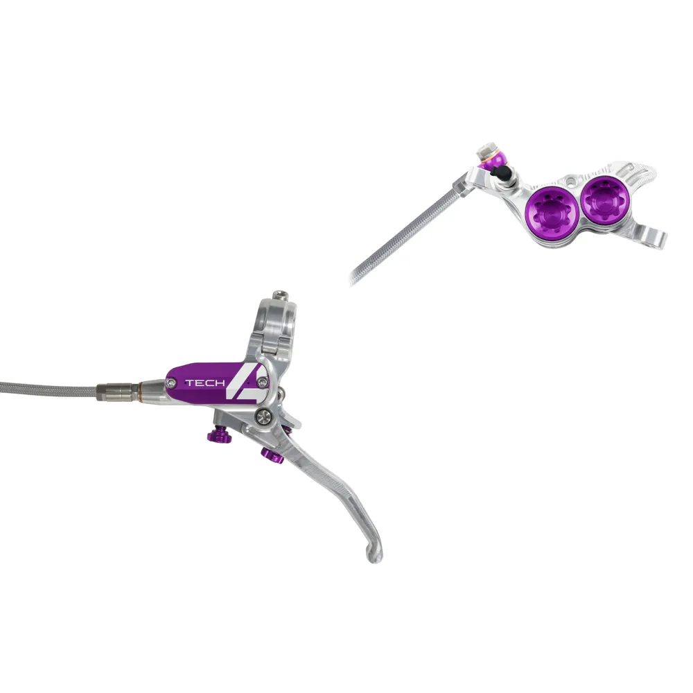 uPRISE Bikes Hope Tech 4 V4 Braided MTB Disc Brakes - No Rotor - Silver/Purple | Price match, 365 day return s, 18-Month Warranty, Finance Available & Free UK Delivery