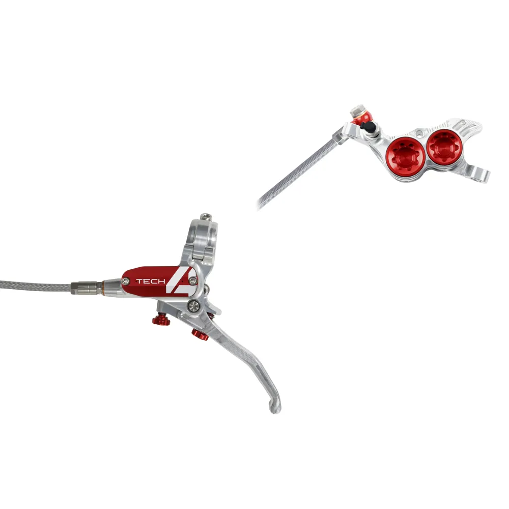 uPRISE Bikes Hope Tech 4 V4 Braided MTB Disc Brakes - No Rotor - Silver/Red | Price match, 365 day return s, 18-Month Warranty, Finance Available & Free UK Delivery