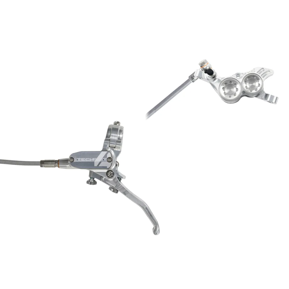 uPRISE Bikes Hope Tech 4 V4 Braided MTB Disc Brakes - No Rotor - Silver | Price match, 365 day return s, 18-Month Warranty, Finance Available & Free UK Delivery