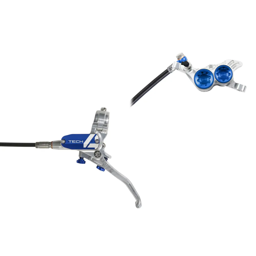 uPRISE Bikes Hope Tech 4 V4 MTB Disc Brakes - No Rotor - Silver/Blue | Price match, 365 day return s, 18-Month Warranty, Finance Available & Free UK Delivery