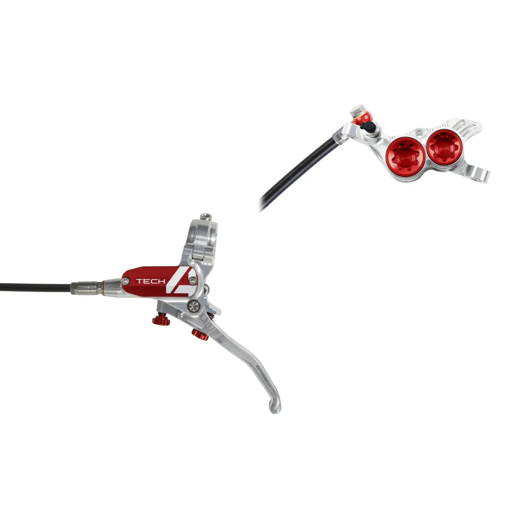 uPRISE Bikes Hope Tech 4 V4 MTB Disc Brakes - No Rotor - Silver/Red | Price match, 365 day return s, 18-Month Warranty, Finance Available & Free UK Delivery