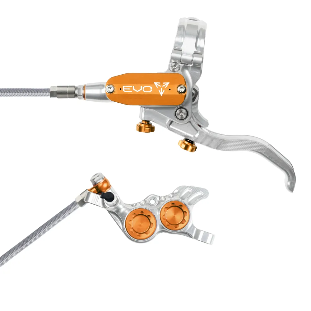 uPRISE Bikes Hope Tech 4 Evo GR4 Braided Disc Brake - No Rotor - Silver/Orange | Price match, 365 day return s, 18-Month Warranty, Finance Available & Free UK Delivery
