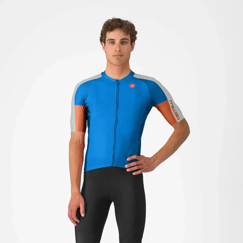 uPRISE Bikes Castelli Entrata 6 Men's Short Sleeve Jersey - Azzurro Italia/Grey/Mocha | Price match, 365 day return s, 18-Month Warranty, Finance Available & Free UK Delivery