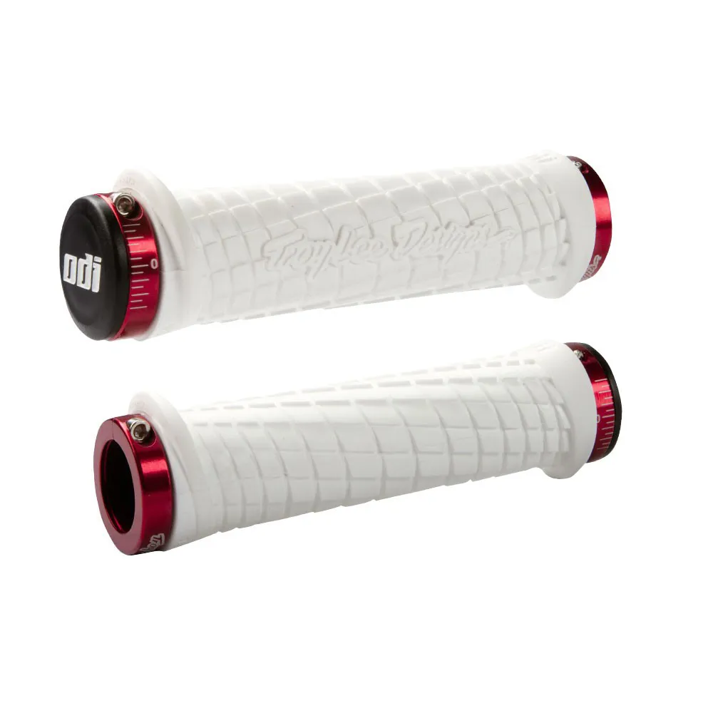 uPRISE Bikes ODI Troy Lee Designs MTB Lock-On Grips - 130mm - White/Red | Price match, 365 day return s, 18-Month Warranty, Finance Available & Free UK Delivery